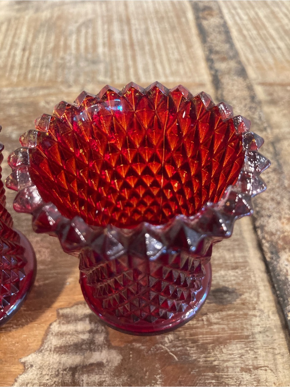 2 Pegged Glass Votive Holders Vintage Red Painted Diamond Pattern 70s-80s Decor - Picture 9 of 13